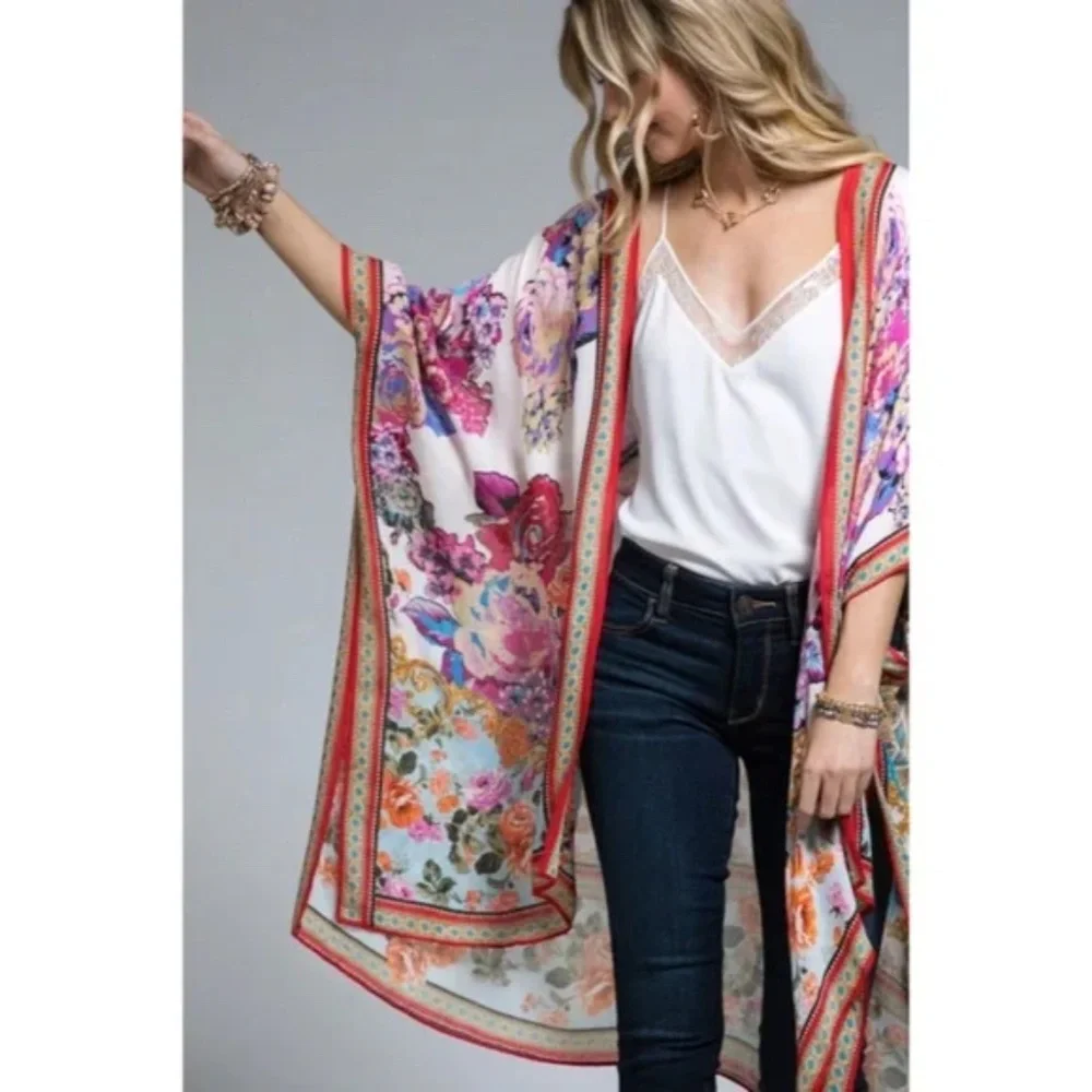 SOLD OUT Ajoure Colorful Italian Baroque Floral Print Lightweight Kimono Open - Picture 5 of 7